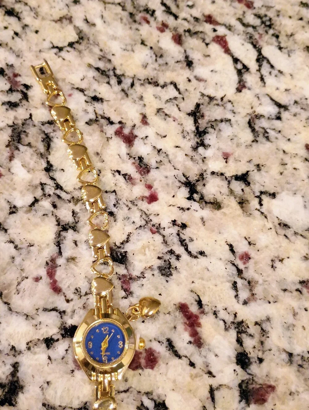 New Gold-Tone Women's Heart Link Watch with Blue Dial